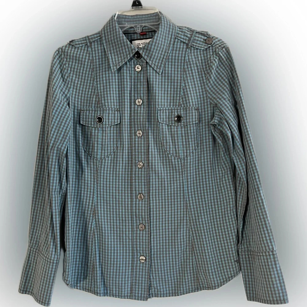 Esprit Teal and Brown Button Down Long Sleeve Shirt, Pockets, Button Details, 10